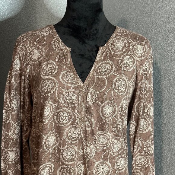 Columbia Womens Brown Top XL Floral Patterned 3/4 Sleeve V-Neck Cotton - Picture 2 of 8
